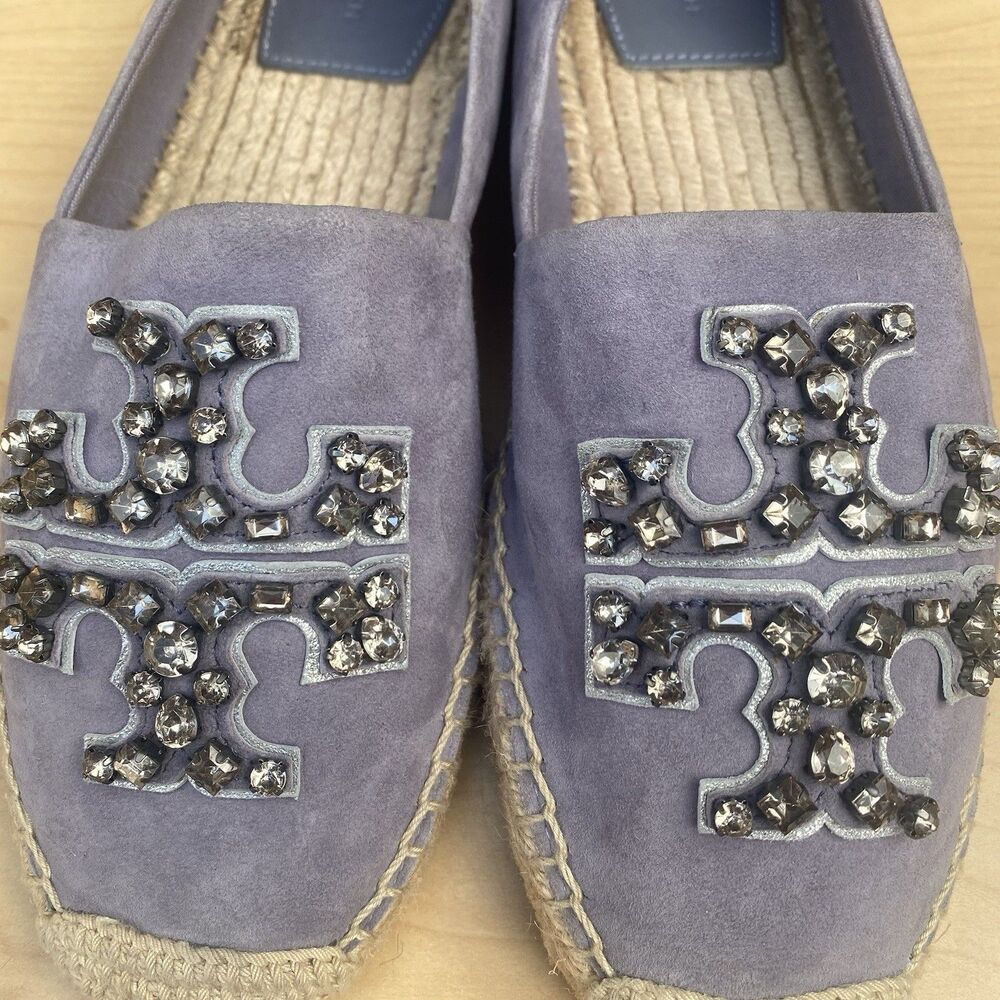 Tory Burch Embellished Espadrille 9 Suede Jewel Purple Blue Diamond Shoes Flats